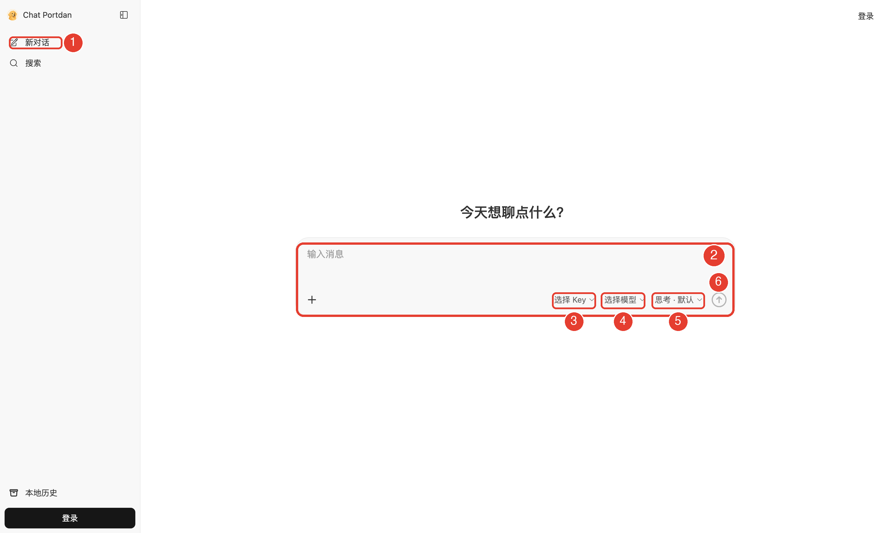 Chat 站聊天界面,标出新对话按钮、消息输入框、选择 Key、选择模型、思考强度和发送按钮