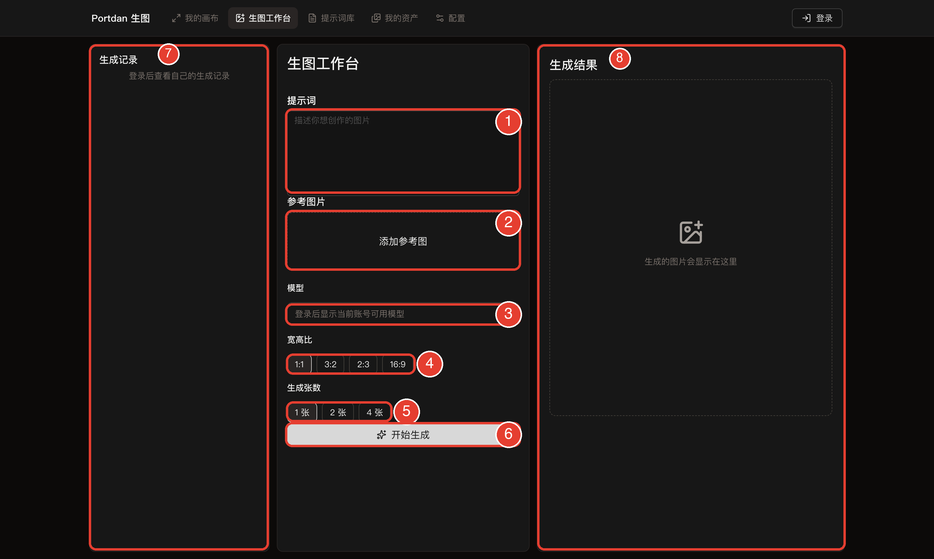生图工作台三栏界面，左栏是生成记录，中间栏红框和编号标出提示词、参考图片、模型、宽高比、生成张数和开始生成，右栏是生成结果