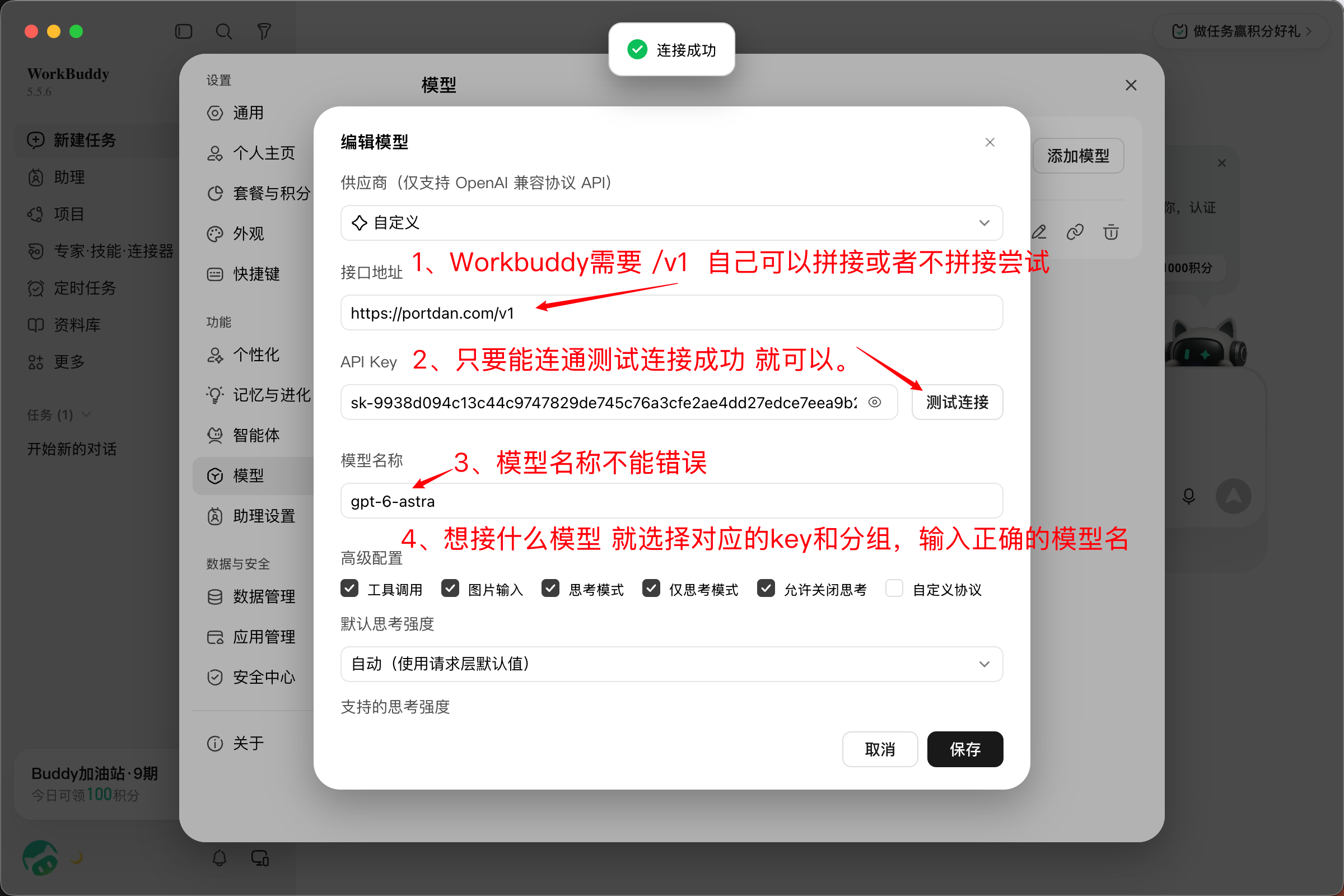 WorkBuddy 编辑模型弹窗，供应商选自定义，接口地址带 /v1，填 API Key 和模型名称，测试连接成功